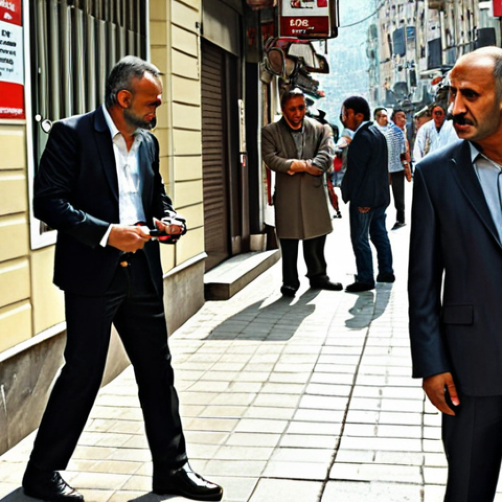 ** A busy street scene in Istanbul. A person is quickly judging another person based on their clothing style. The person being judged is wearing a business suit, while the person judging is wearing casual clothes. The image should convey the idea of snap judgments based on appearance, typical of a busy Turkish city.

**