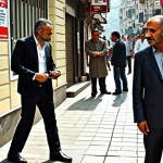 ** A busy street scene in Istanbul. A person is quickly judging another person based on their clothing style. The person being judged is wearing a business suit, while the person judging is wearing casual clothes. The image should convey the idea of snap judgments based on appearance, typical of a busy Turkish city.

**