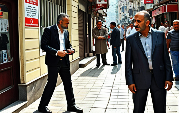 ** A busy street scene in Istanbul. A person is quickly judging another person based on their clothing style. The person being judged is wearing a business suit, while the person judging is wearing casual clothes. The image should convey the idea of snap judgments based on appearance, typical of a busy Turkish city.

**