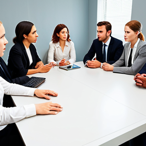 ** A diverse group of people in a business meeting. Focus on capturing subtle emotional cues in their body language and facial expressions. The scene should suggest an emphasis on understanding interpersonal patterns and social dynamics.

**