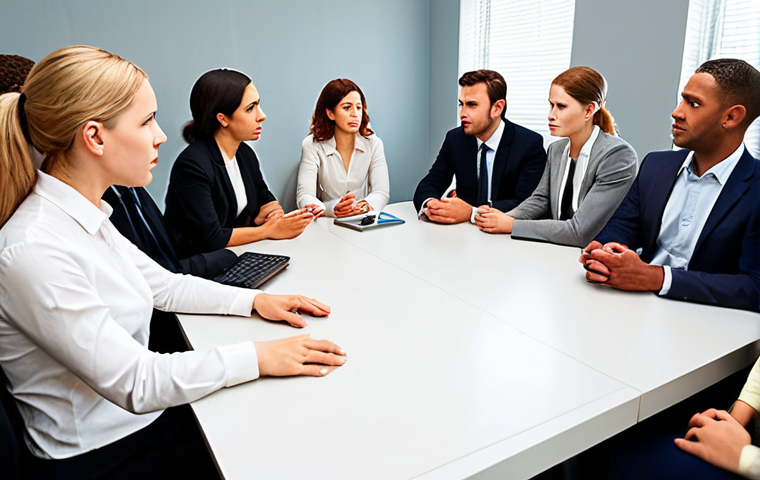** A diverse group of people in a business meeting. Focus on capturing subtle emotional cues in their body language and facial expressions. The scene should suggest an emphasis on understanding interpersonal patterns and social dynamics.

**