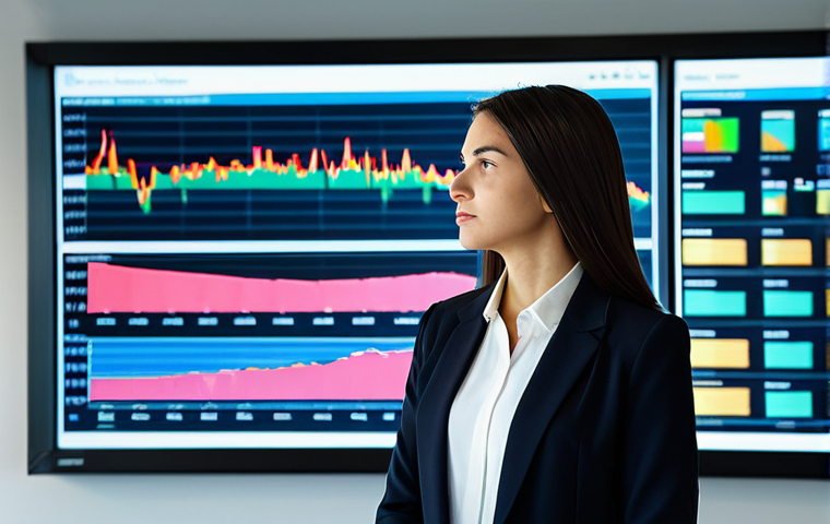 A focused female executive, fully clothed in a modest, dark business suit, standing in a sleek, modern office boardroom. She is thoughtfully observing a large, interactive digital display showing intricate market trend data and strategic projections. The setting is bright and professional, emphasizing an atmosphere of insight and forward-thinking. perfect anatomy, correct proportions, natural pose, well-formed hands, proper finger count, professional photography, high quality, safe for work, appropriate content, professional dress, family-friendly.
